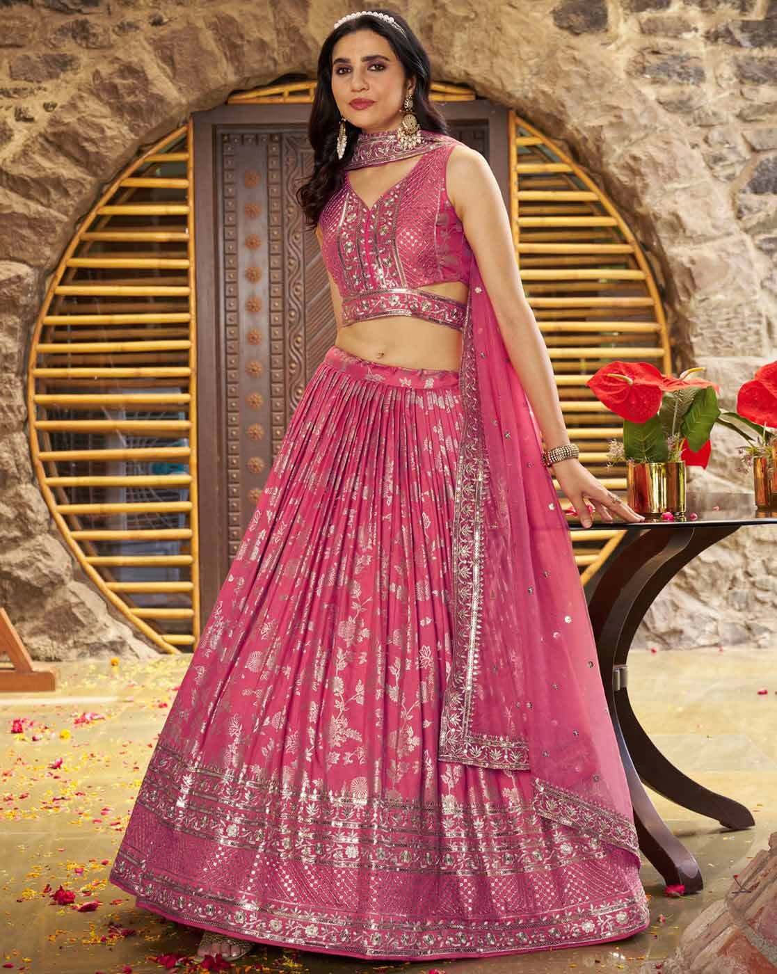 Pink embroidered lehenga choli set Canada with silver embroidery sleeveless blouse flowing pleated skirt and dupatta