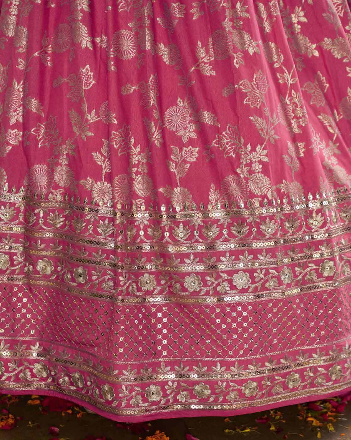 Pink silk lehenga with gold floral zari and sequin border ornate hem detailing embroidered lehenga choli set Canada