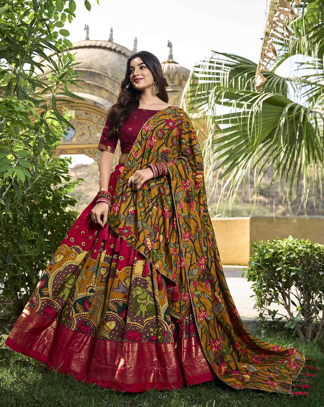 Lehenga Choli Set Canada maroon embroidered lehenga with colorful printed skirt and matching dupatta
