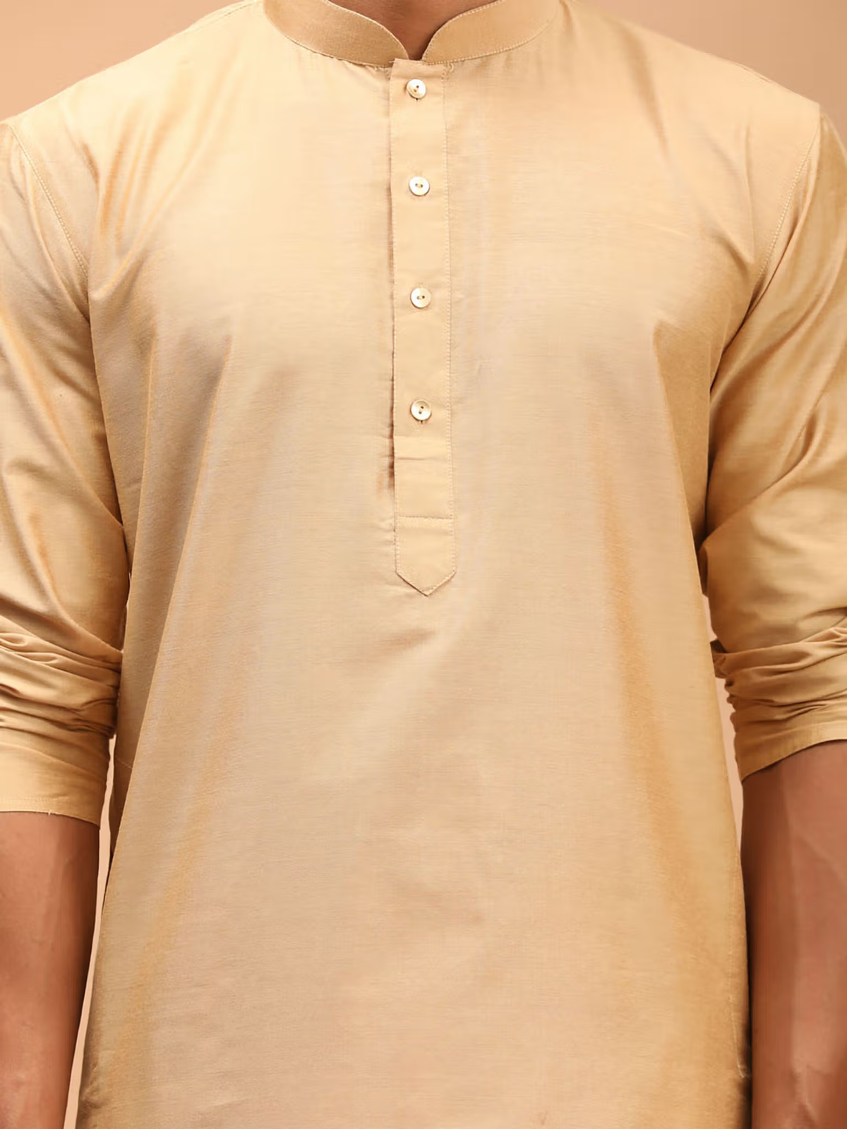 mens beige viscose kurta with mandarin collar and button placket on male model with rolled long sleeves