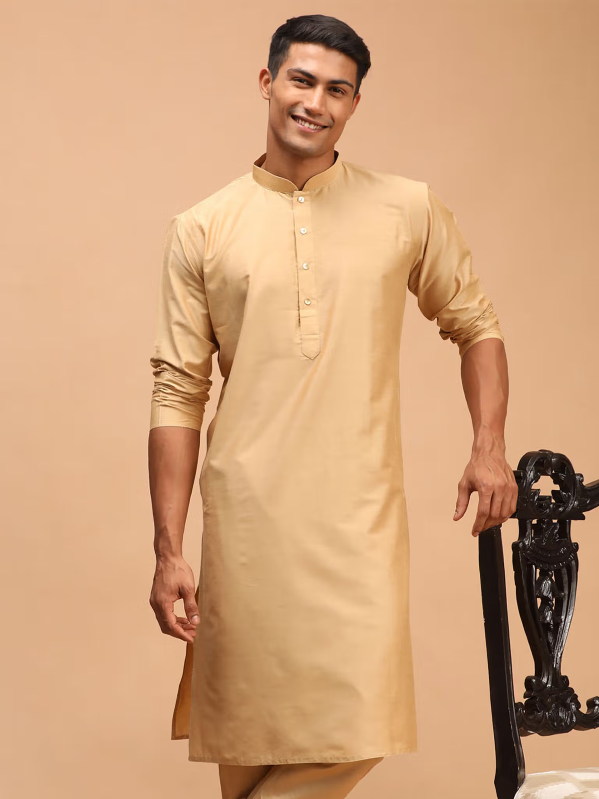 AROMIE mens beige viscose kurta on smiling male model with mandarin collar long sleeves and side slits