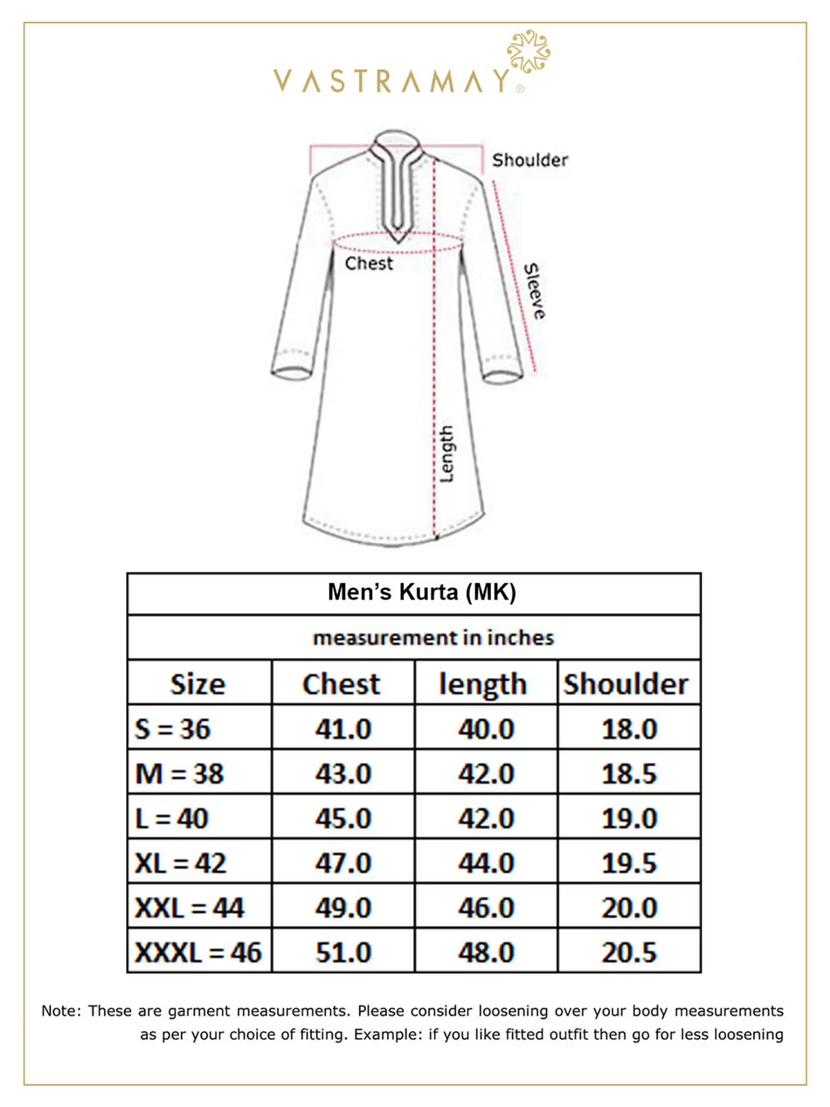 Size chart and measurement diagram for mens beige viscose kurta showing chest length shoulder sizes