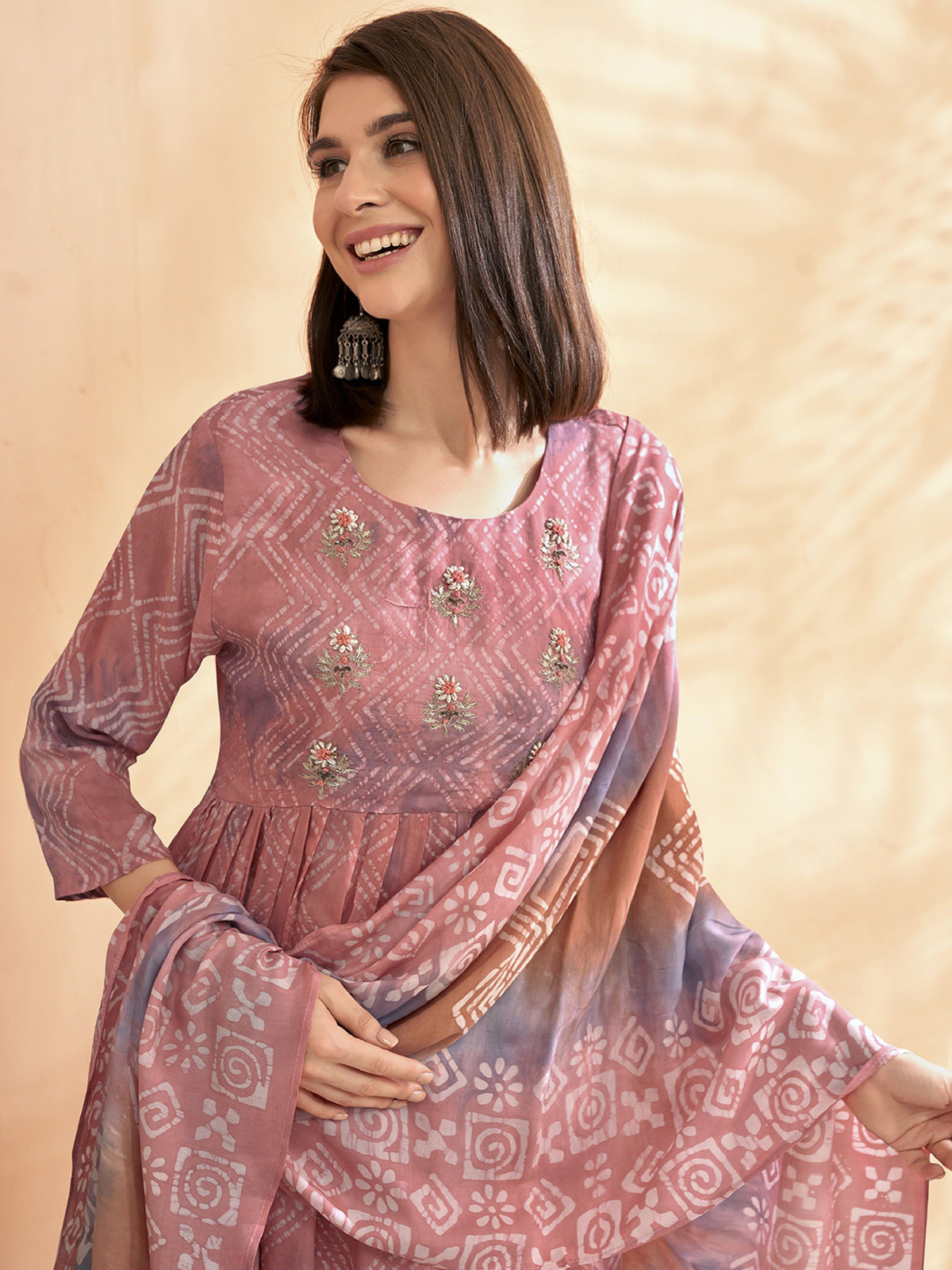 Aromie three piece kurtha set with embroidered bodice and printed dupatta worn with White Cotton Chikankari Palazzo