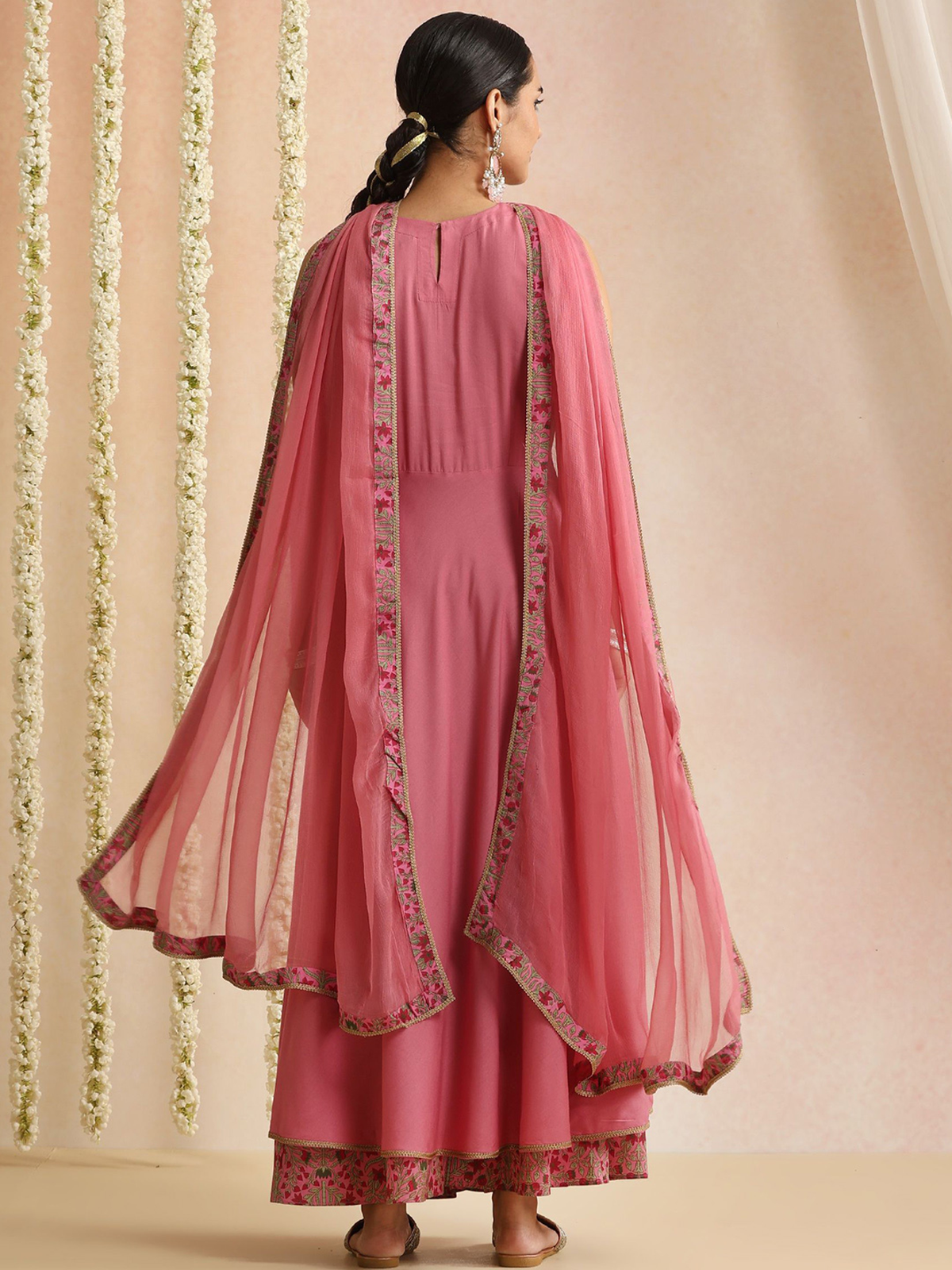 Aromie elegant bandhani kurta set in dusty pink three piece back view with embroidered dupatta and flared palazzo