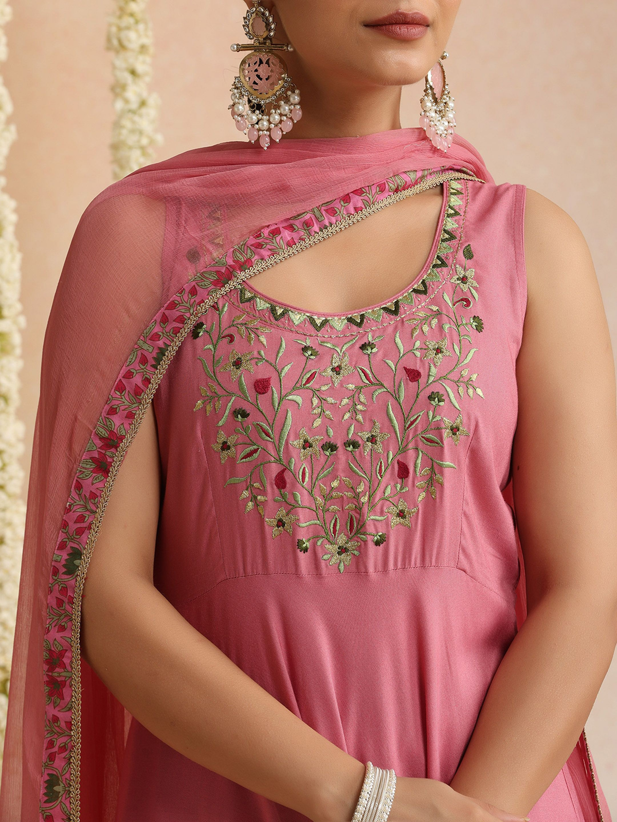 Aromie three piece elegant bandhani kurta set in dusty pink with floral gold embroidery and sheer dupatta