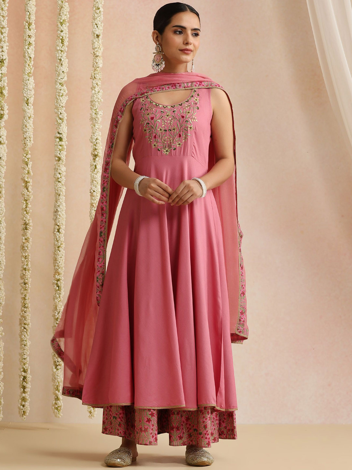 Aromie three piece kurta with embroidered keyhole neck pink Anarkali printed palazzo and dupatta elegant bandhani kurta set
