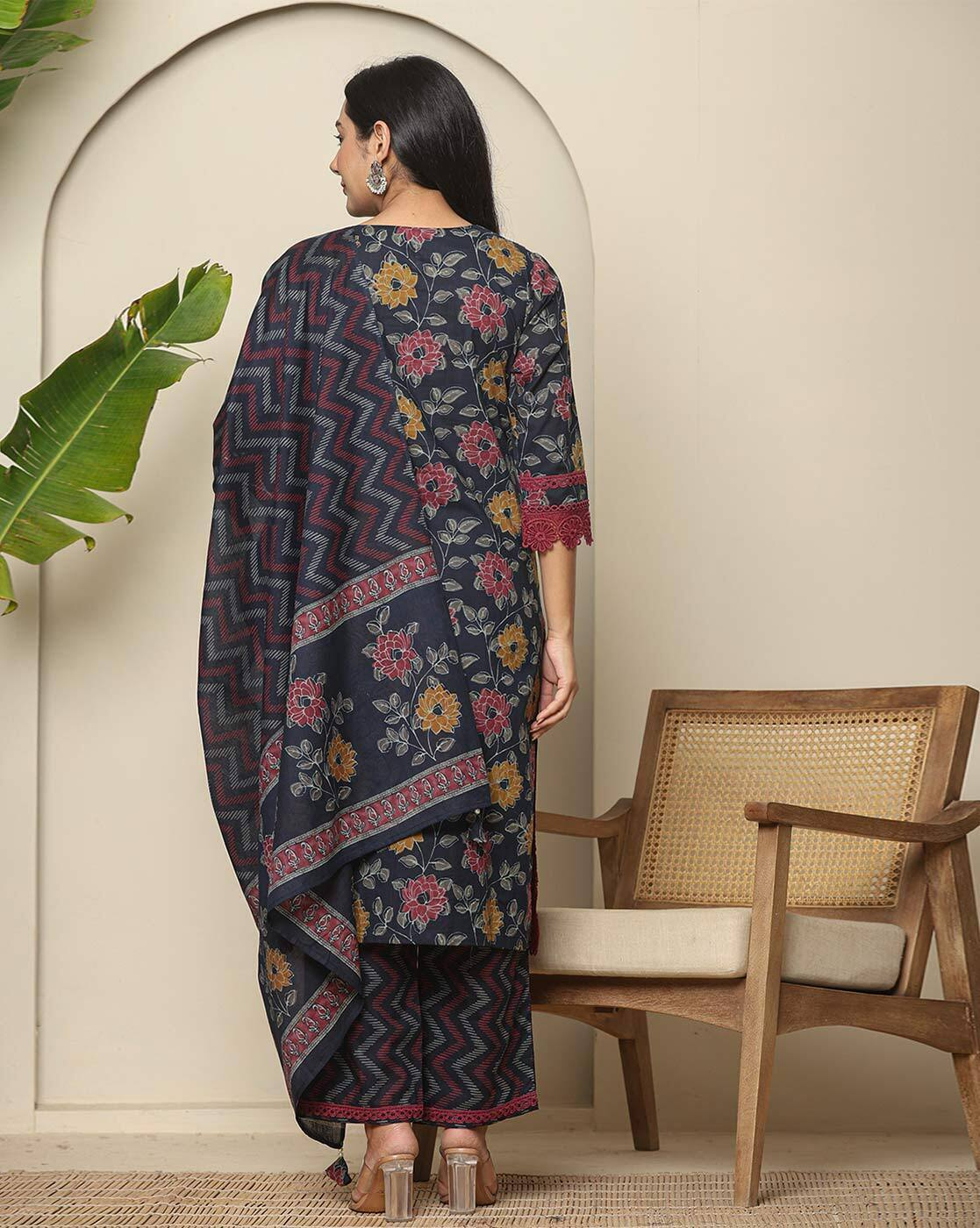 Aromie three piece kurtha set back view navy blue with multicolor floral print and zigzag dupatta Floral Georgette Anarkali Canada