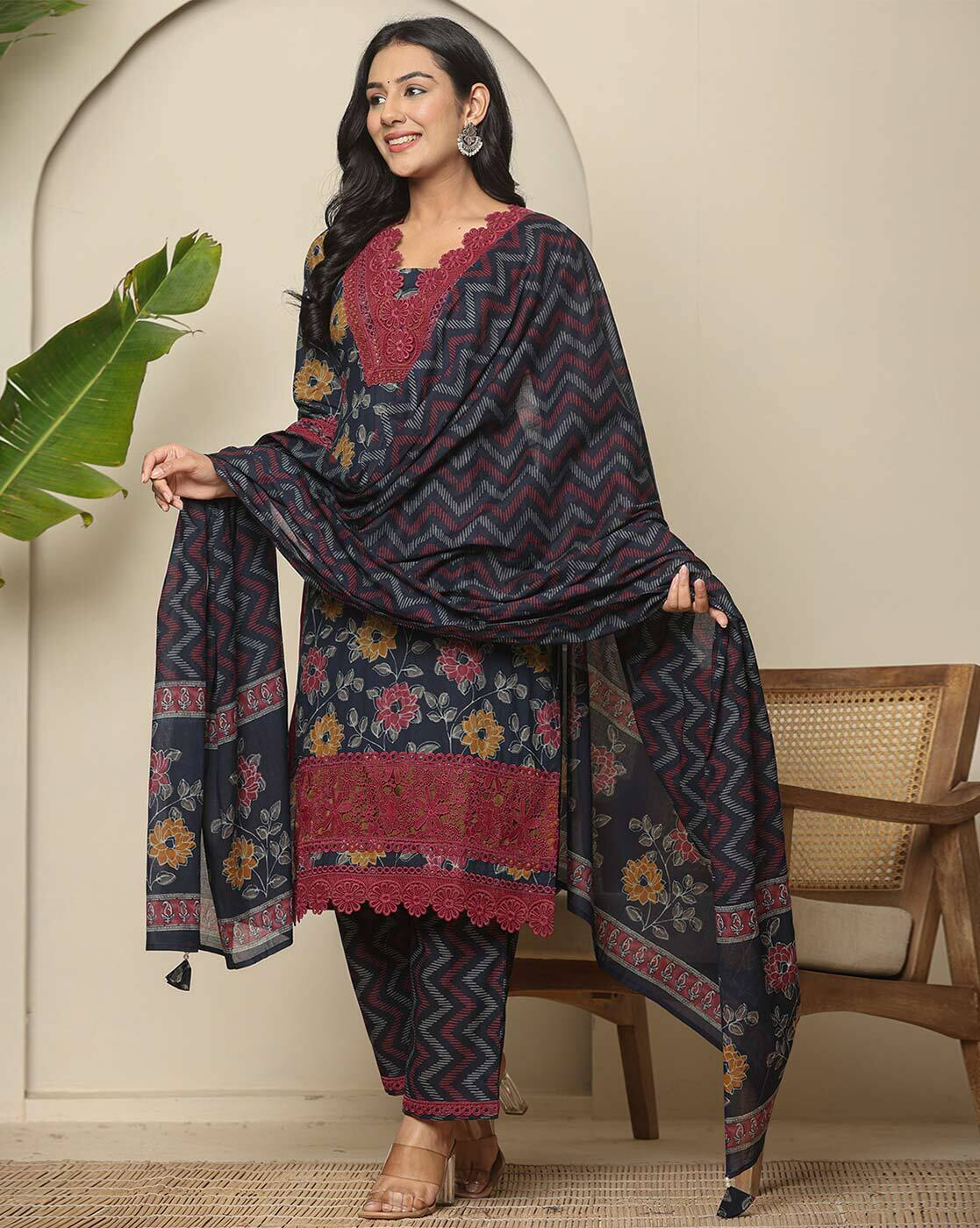 Floral Georgette Anarkali Canada three piece kurtha by aromie navy floral kurta with matching dupatta and pants