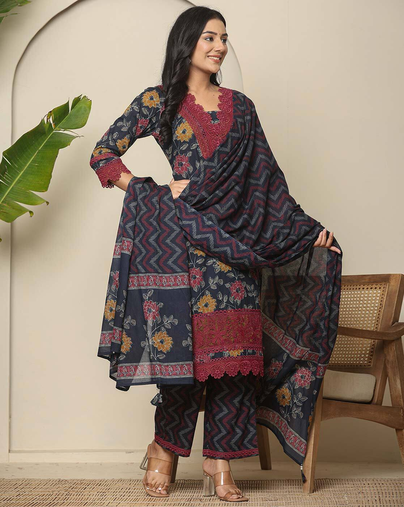 Aromie Floral Georgette Anarkali Canada three piece kurtha set navy floral printed kurta dupatta pant