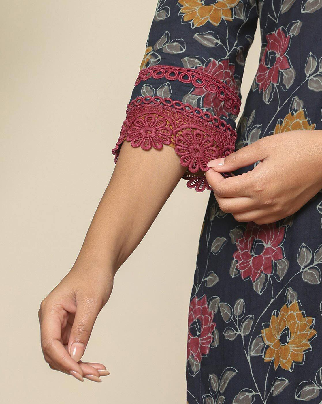 aromie three piece Kurtha navy floral print sleeve with burgundy lace trim Floral Georgette Anarkali Canada.
