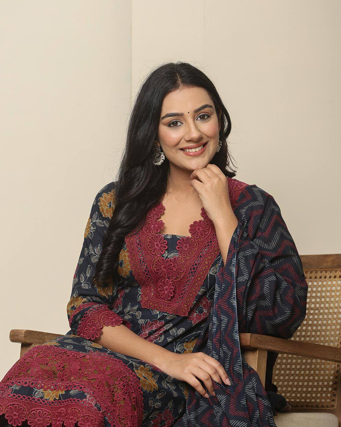Aromie three piece kurtha navy floral print with maroon lace yoke and printed dupatta Floral Georgette Anarkali Canada