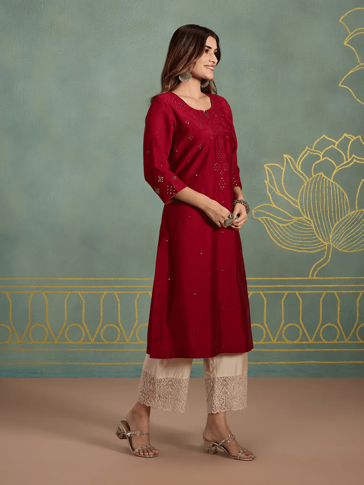 Exquisite Viscose Mirror Work Kurta – Wedding and Special Occasion Wear with Three - Fourth Sleeves - aromie