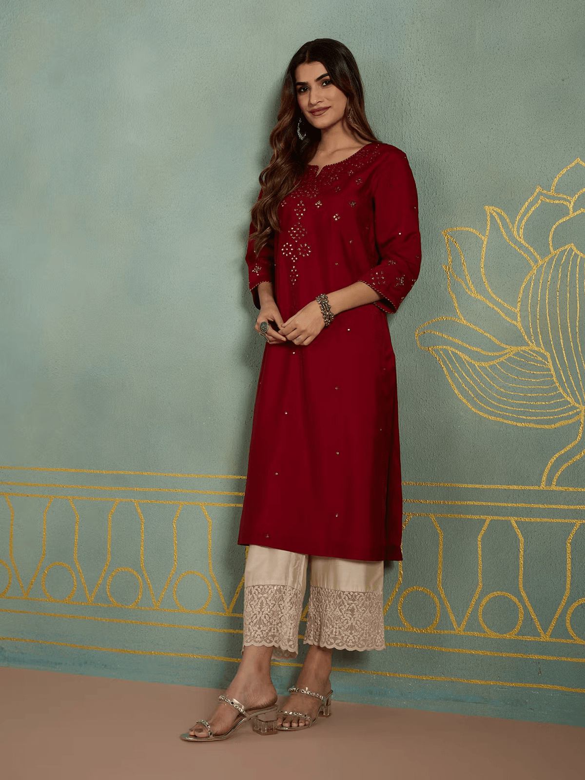 Exquisite Viscose Mirror Work Kurta – Wedding and Special Occasion Wear with Three - Fourth Sleeves - aromie