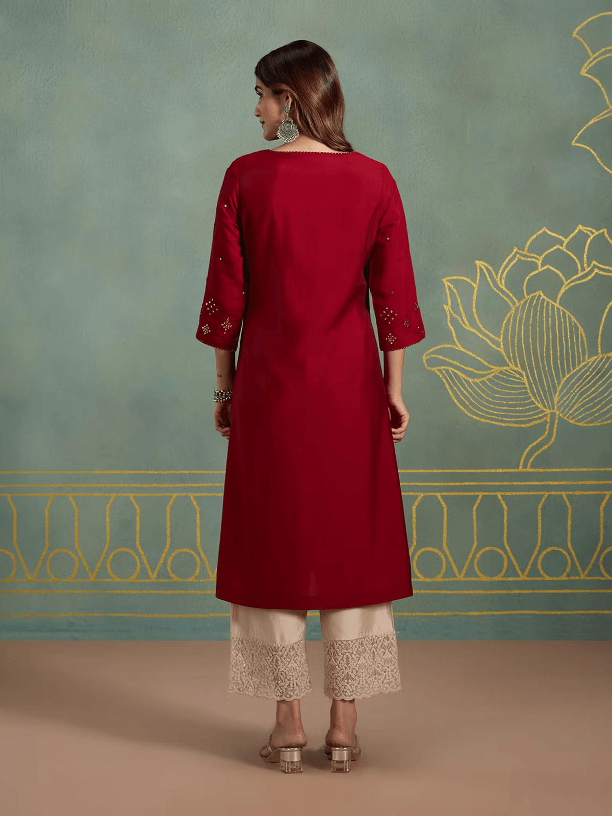 Exquisite Viscose Mirror Work Kurta – Wedding and Special Occasion Wear with Three - Fourth Sleeves - aromie
