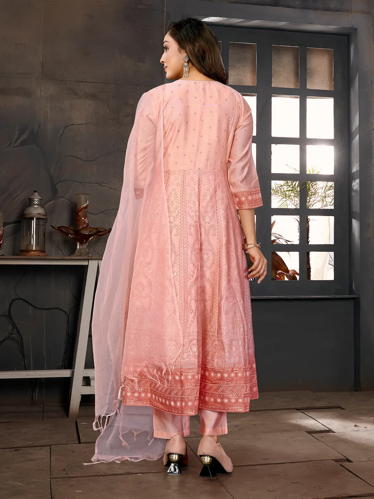 Viscose Blend Embroidered Anarkali Calf Length Kurta with Pant and Dupatta