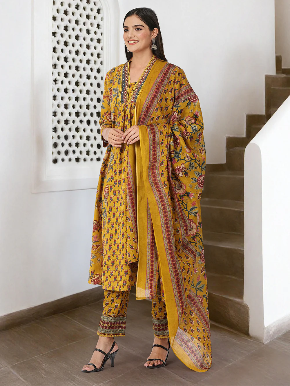 Comfy Mustard Pure Cotton Floral Print Anarkali fit kurta set with dupatta