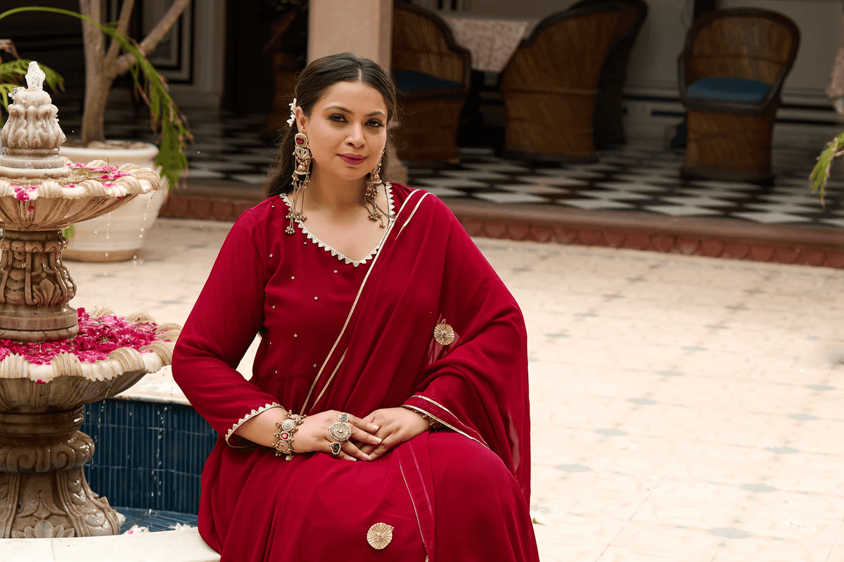 Women Embroidered Zari Georgette Anarkali Kurta with Dupatta