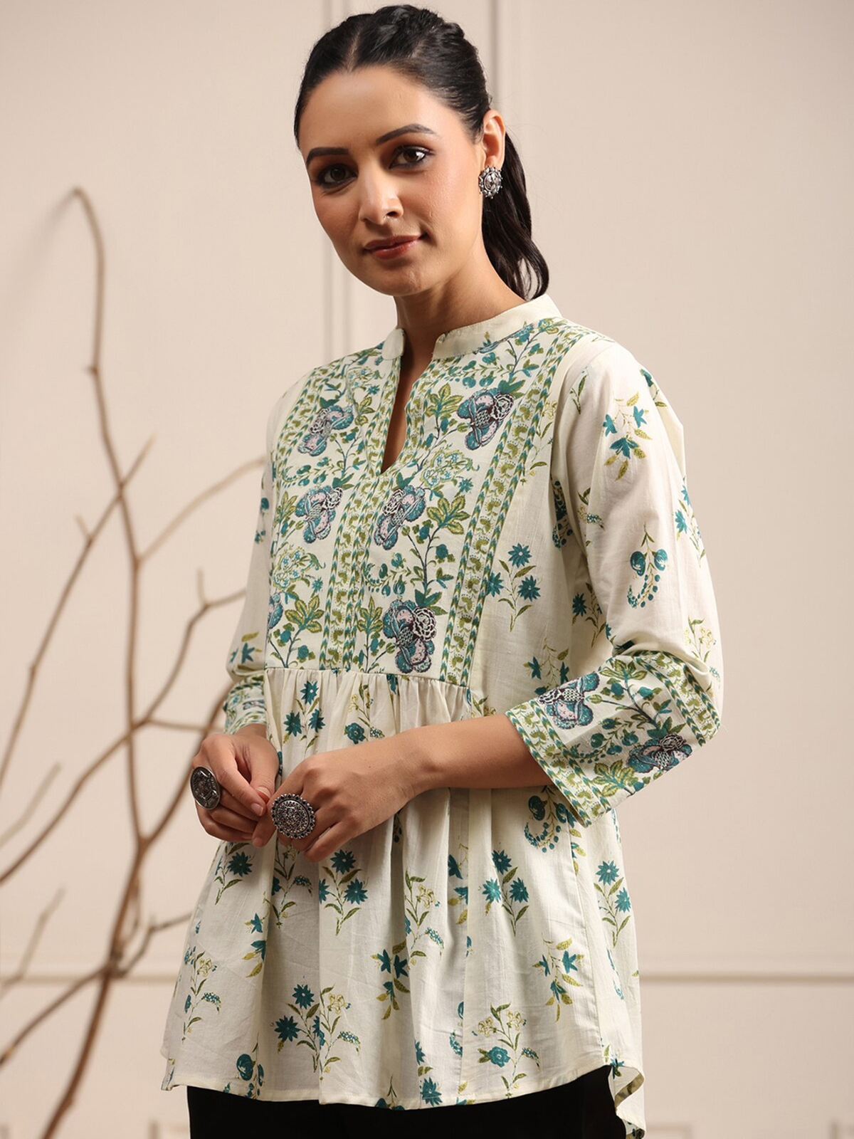 Women’s Cream & Green Floral Print Cotton A-Line Kurti AROMIE.STORE