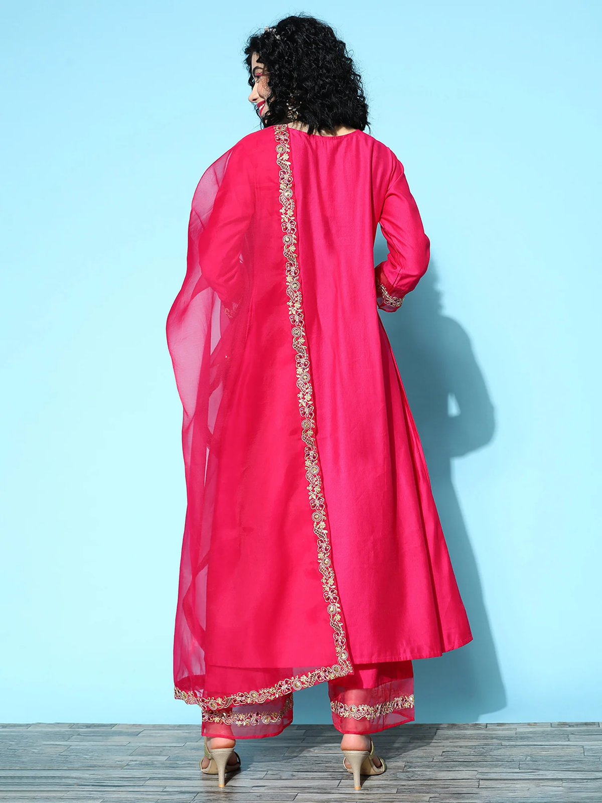 Fuchsia Embroidered Kurta Palazzo Set with Dupatta