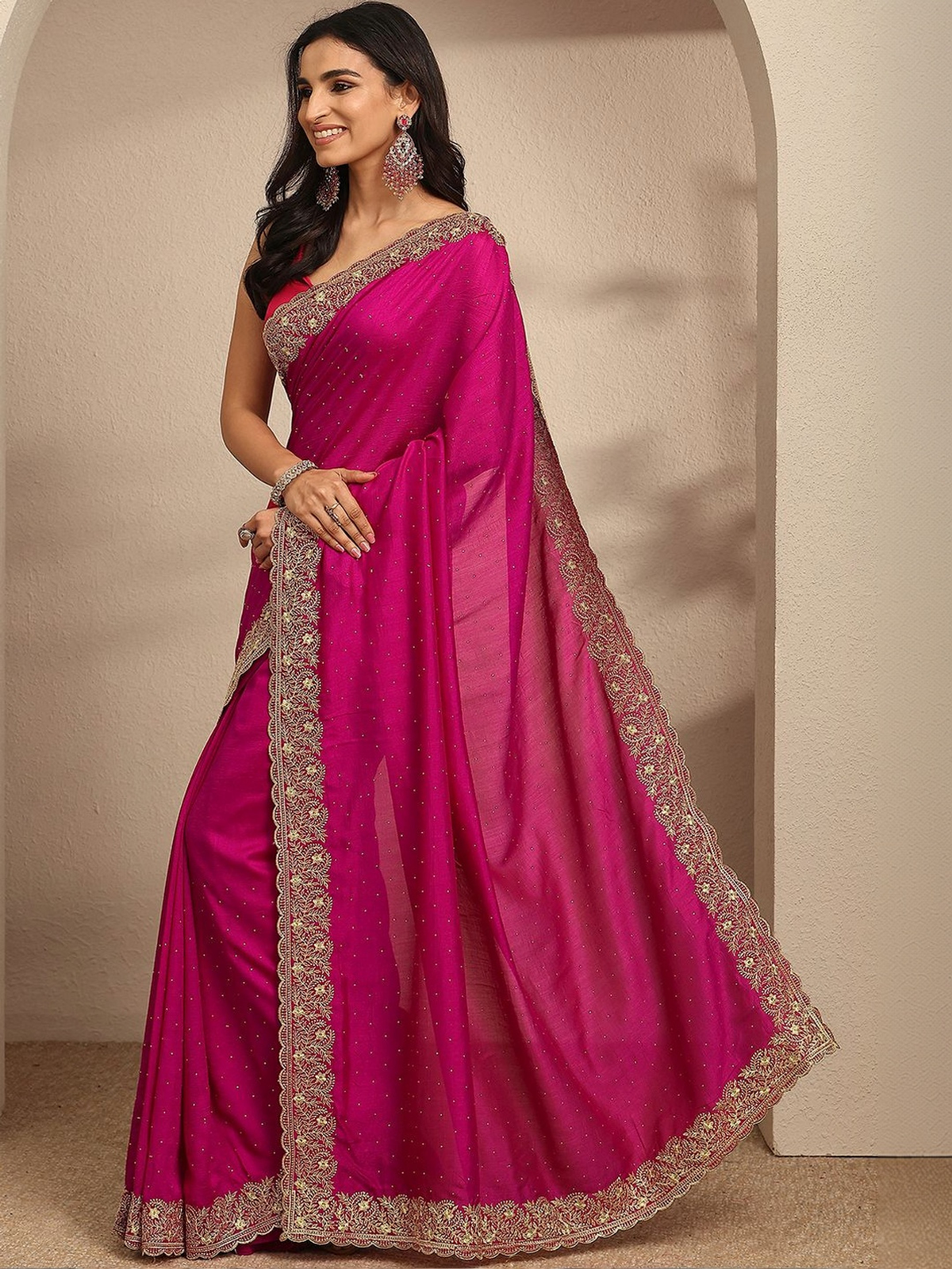 Magenta Silk Blend Saree with Embroidered Border aromie