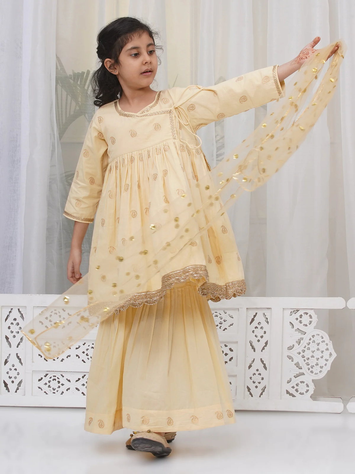 Little Bansi Girls Cotton Three Fourth Sleeves Angrakha Kurta with Sharara and Net Dupatta with Paisley Design Zari Work- Dutch Cream