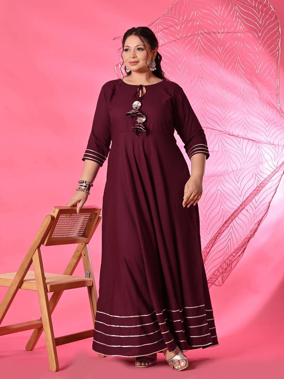 Plus Size Wine Gota Rayon Anarkali with Dupatta