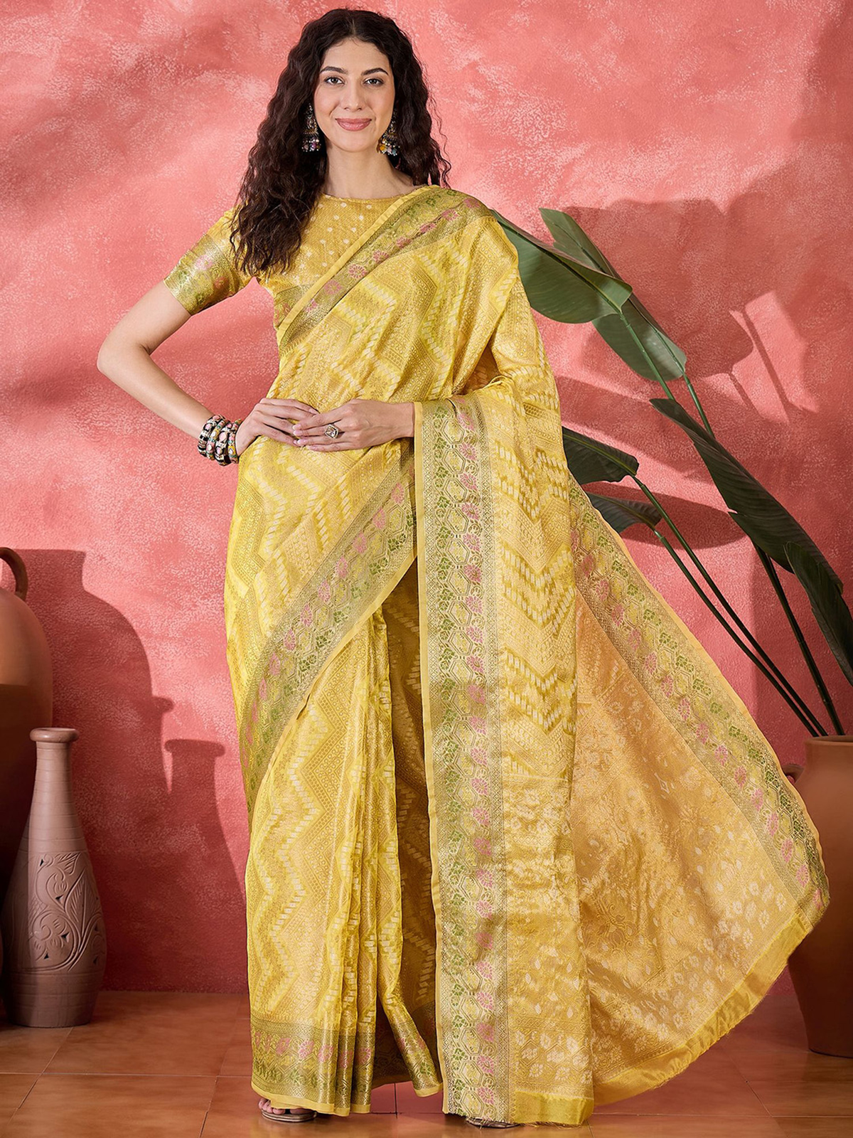 Yellow Silk Blend Saree with Ethnic Motif Weave & Zari Border