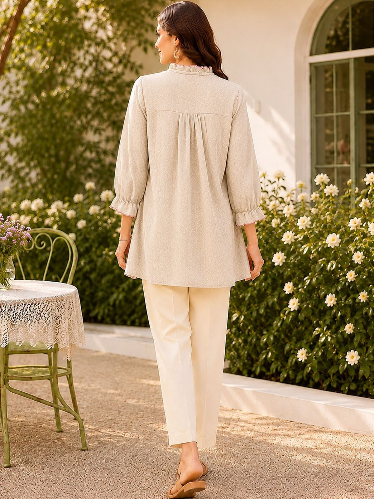 Women’s Cream Tunic with Embroidered Yoke AROMIE.STORE