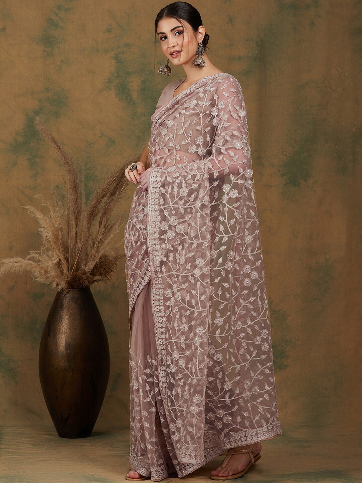 Beige Floral Embroidered Net Saree with Lace Border & Blouse Piece