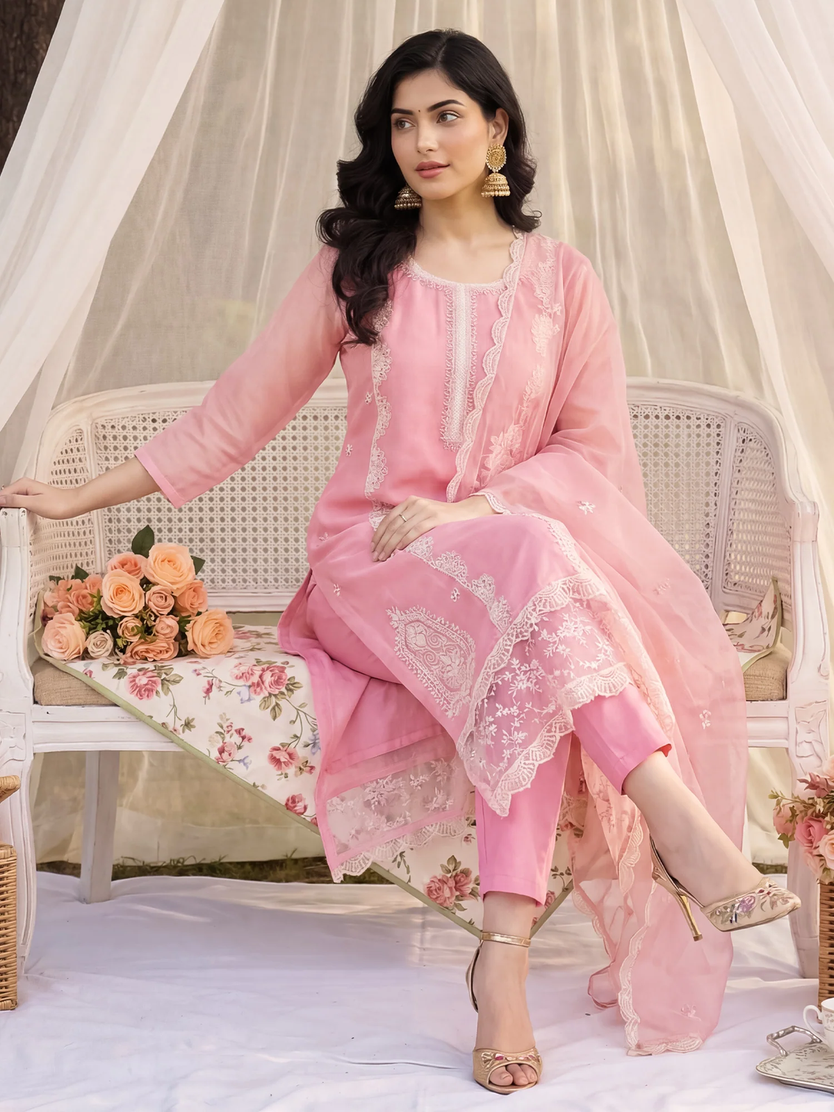 Pink Embroidered Organza Straight Suit Set with Trousers & Dupatta
