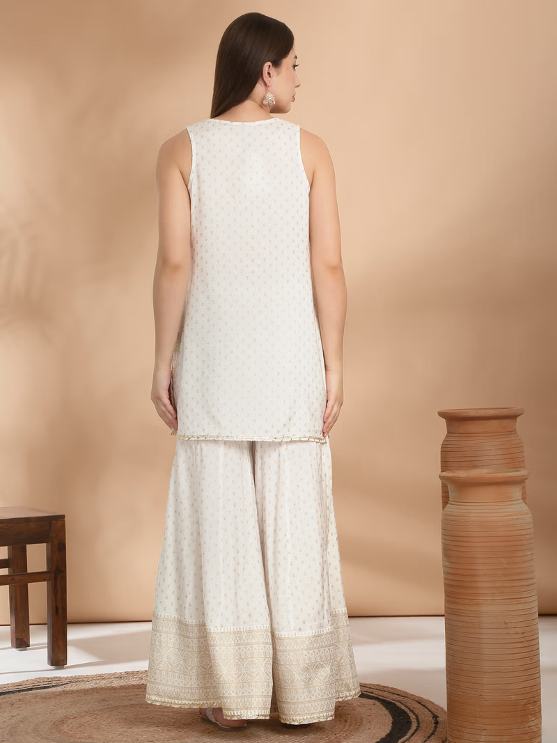 aromie three piece Kurtha back view in ivory with gold border gharara pants embroidered Anarkali suit Canada