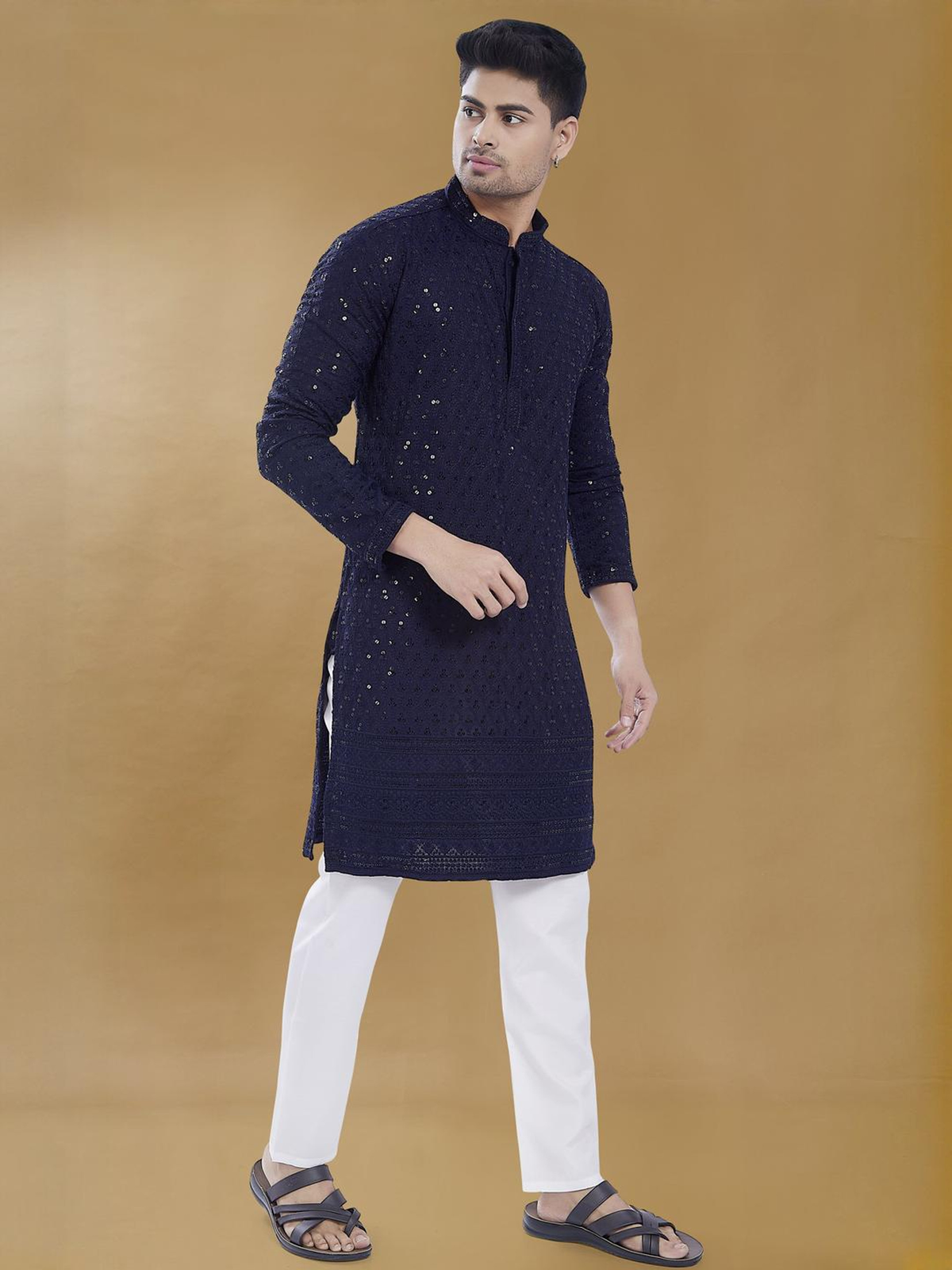 Men’s Navy Blue Chikankari Embroidered Rayon Kurta AROMIE | Affordable Indian Clothes & Dresses in Canada