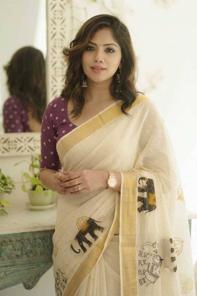 Caparisoned Elephant & Ceremonial Umbrella Digital Print, Gold Zari Border & Tassel Pallu