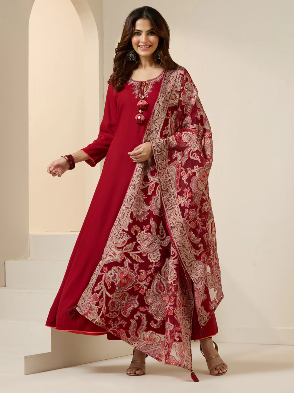 Elegant Maroon Viscose rayon Tieup Neckline Aline kurta set with rich brasso dupatta