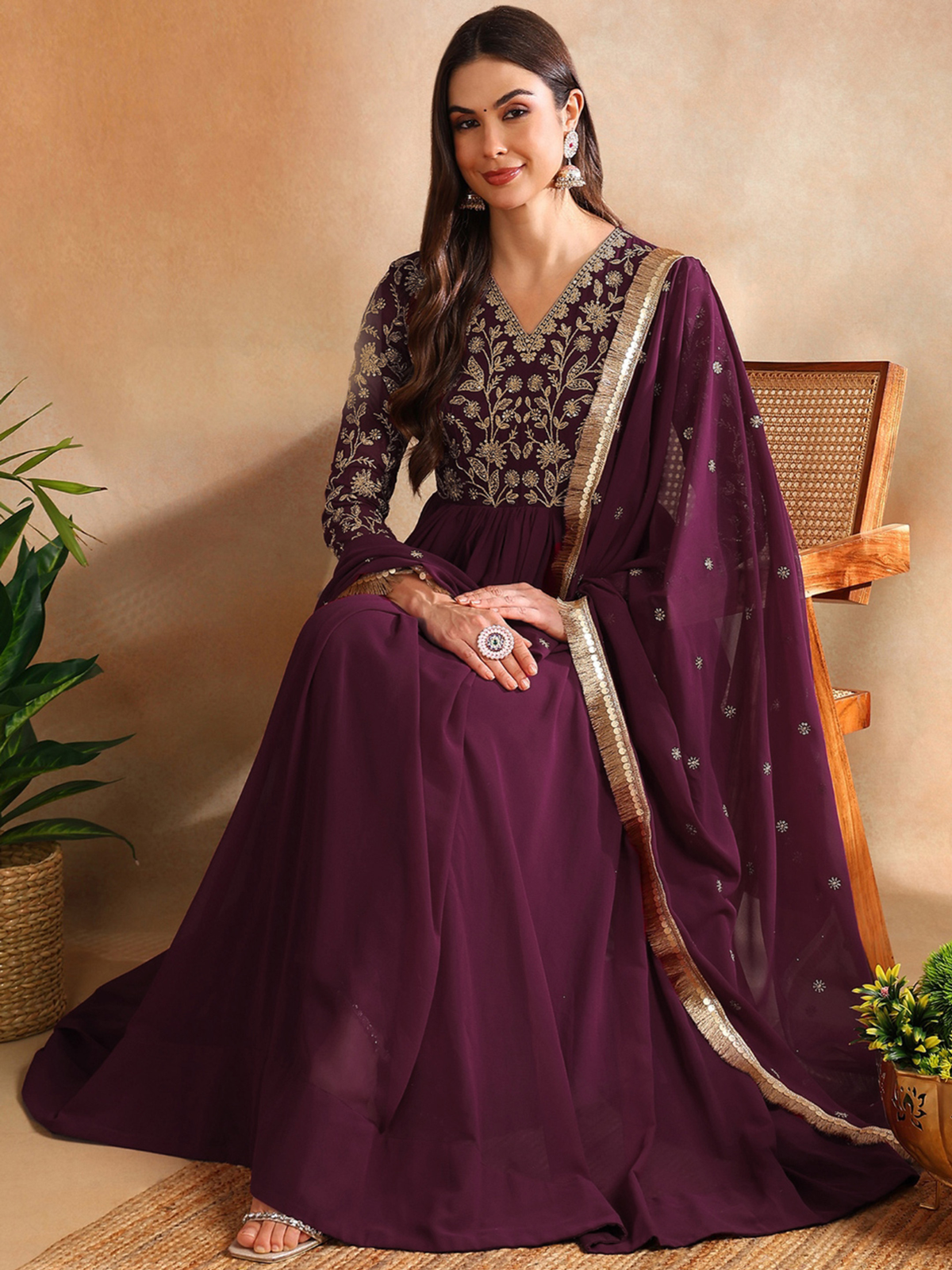 Floral Embroidered Georgette Gown Ethnic Dress & Dupatta