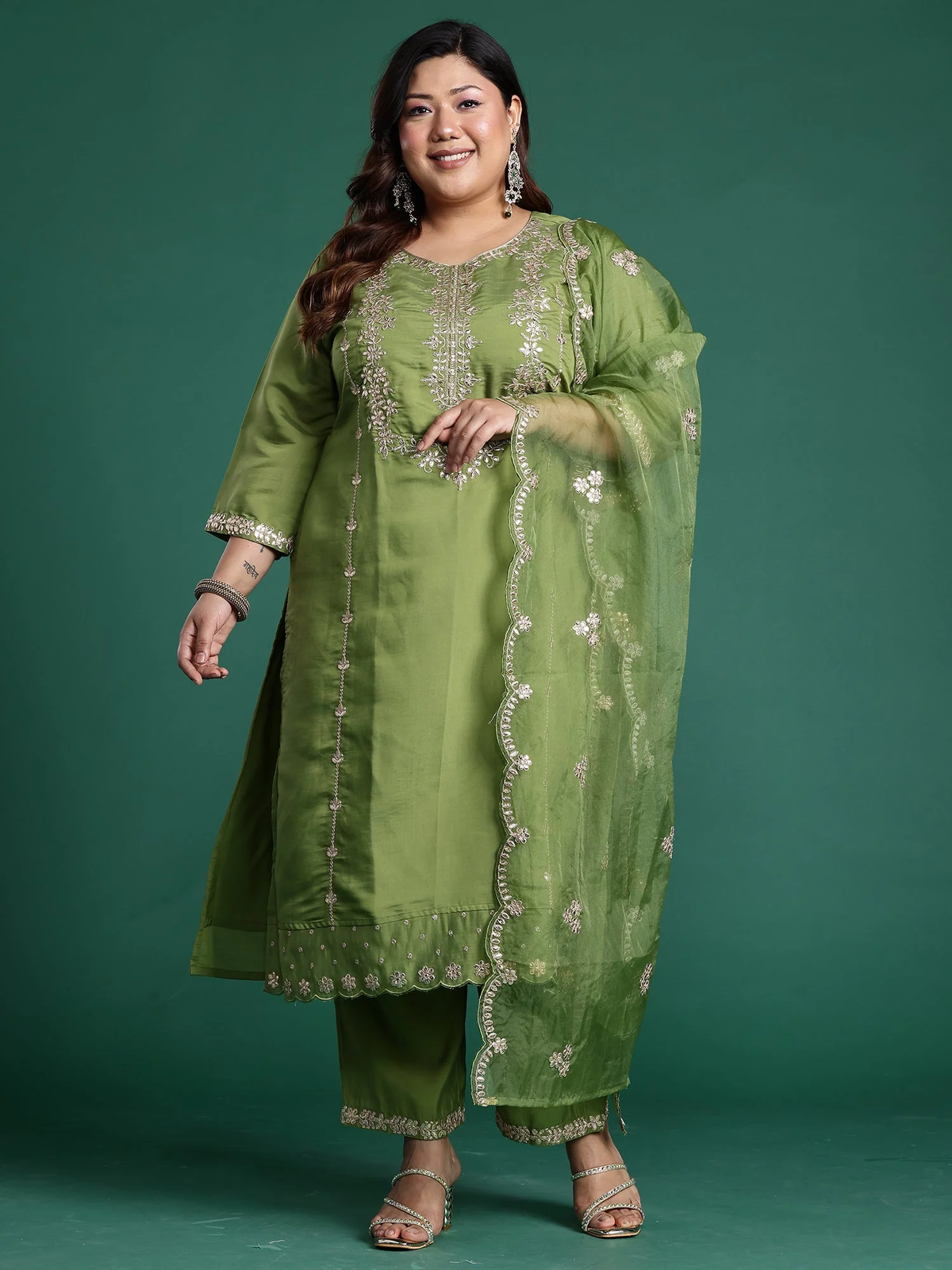 Plus Size Green Embroidered Straight Suit Set With Dupatta