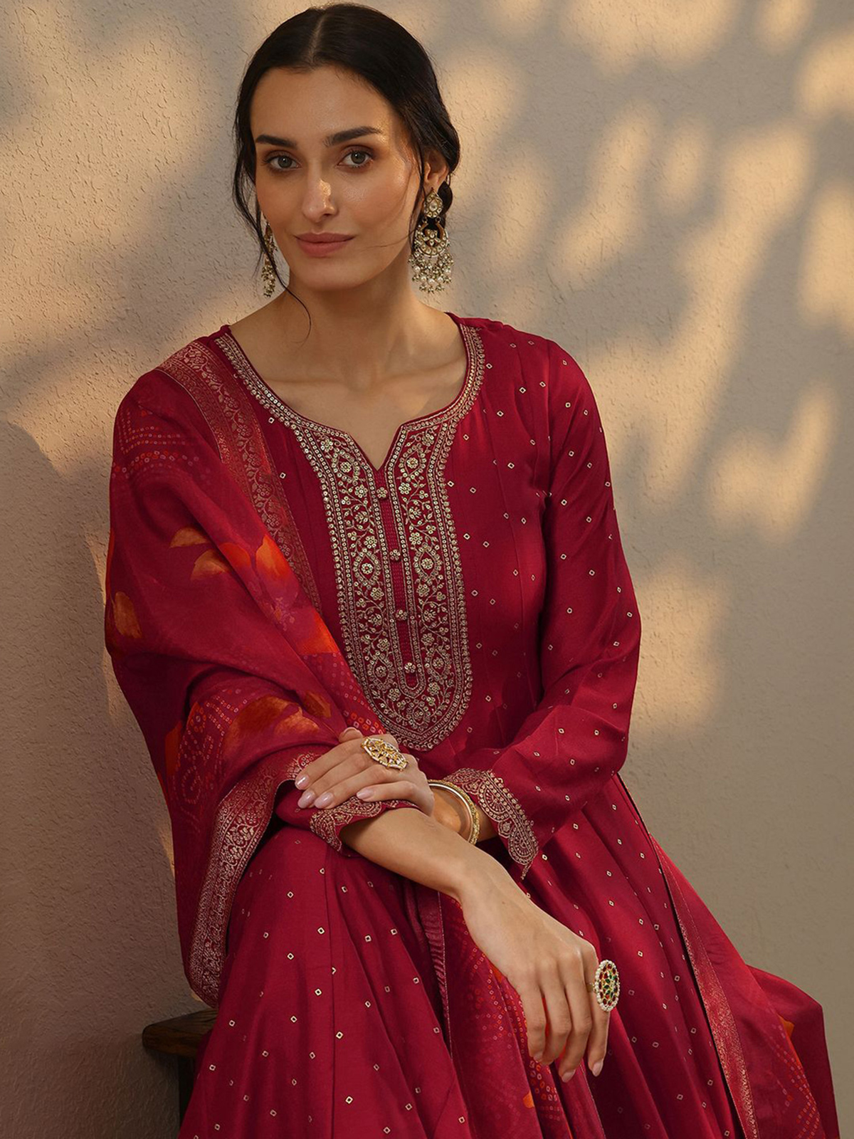 Bandhani Printed Panelled Sequinned Gown Silk Ethnic Dress With Dupatta