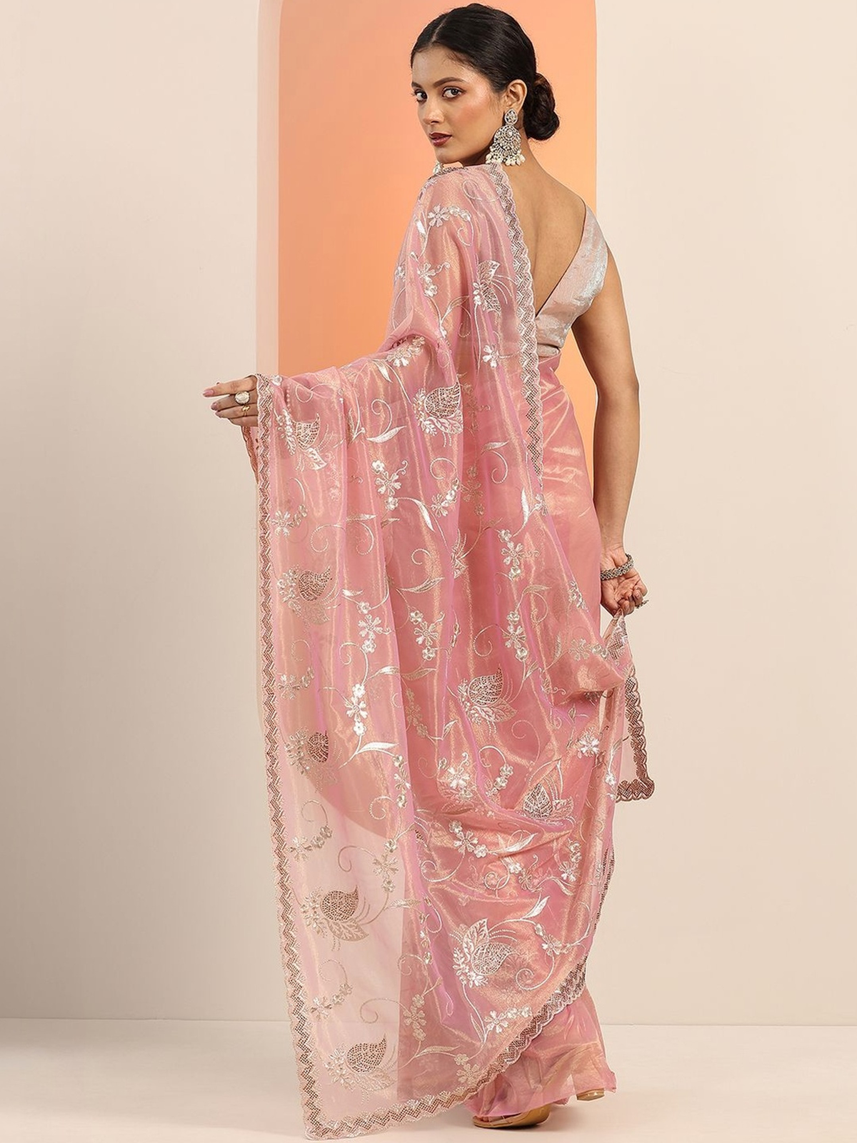 Pink Floral Embroidered Net Saree with Blouse Piece aromie