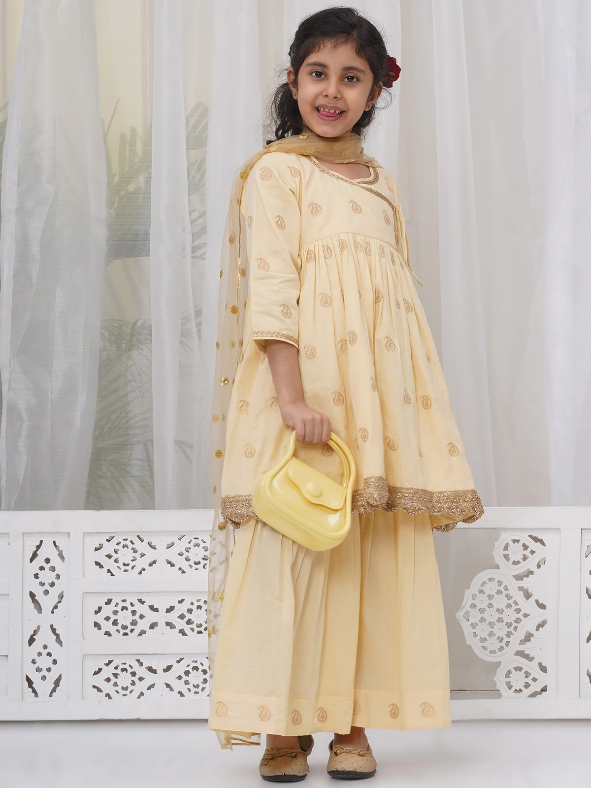 Little Bansi Girls Cotton Three Fourth Sleeves Angrakha Kurta with Sharara and Net Dupatta with Paisley Design Zari Work- Dutch Cream