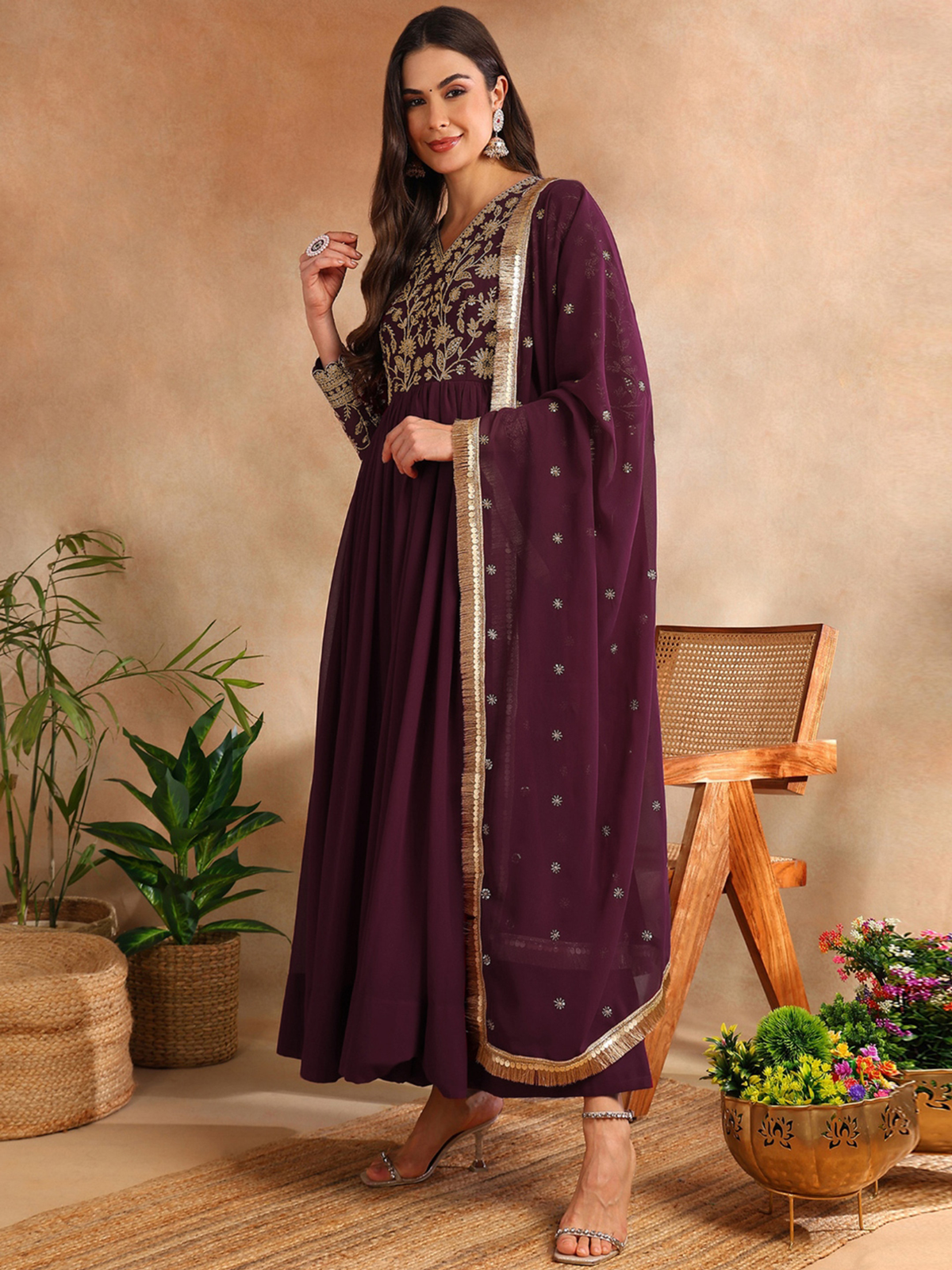 Floral Embroidered Georgette Gown Ethnic Dress & Dupatta
