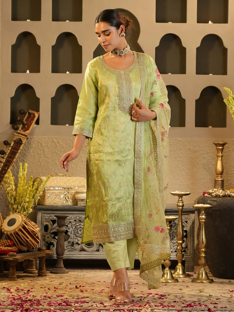 Green Zari Embroidered Kurta Set with Net Dupatta aromie