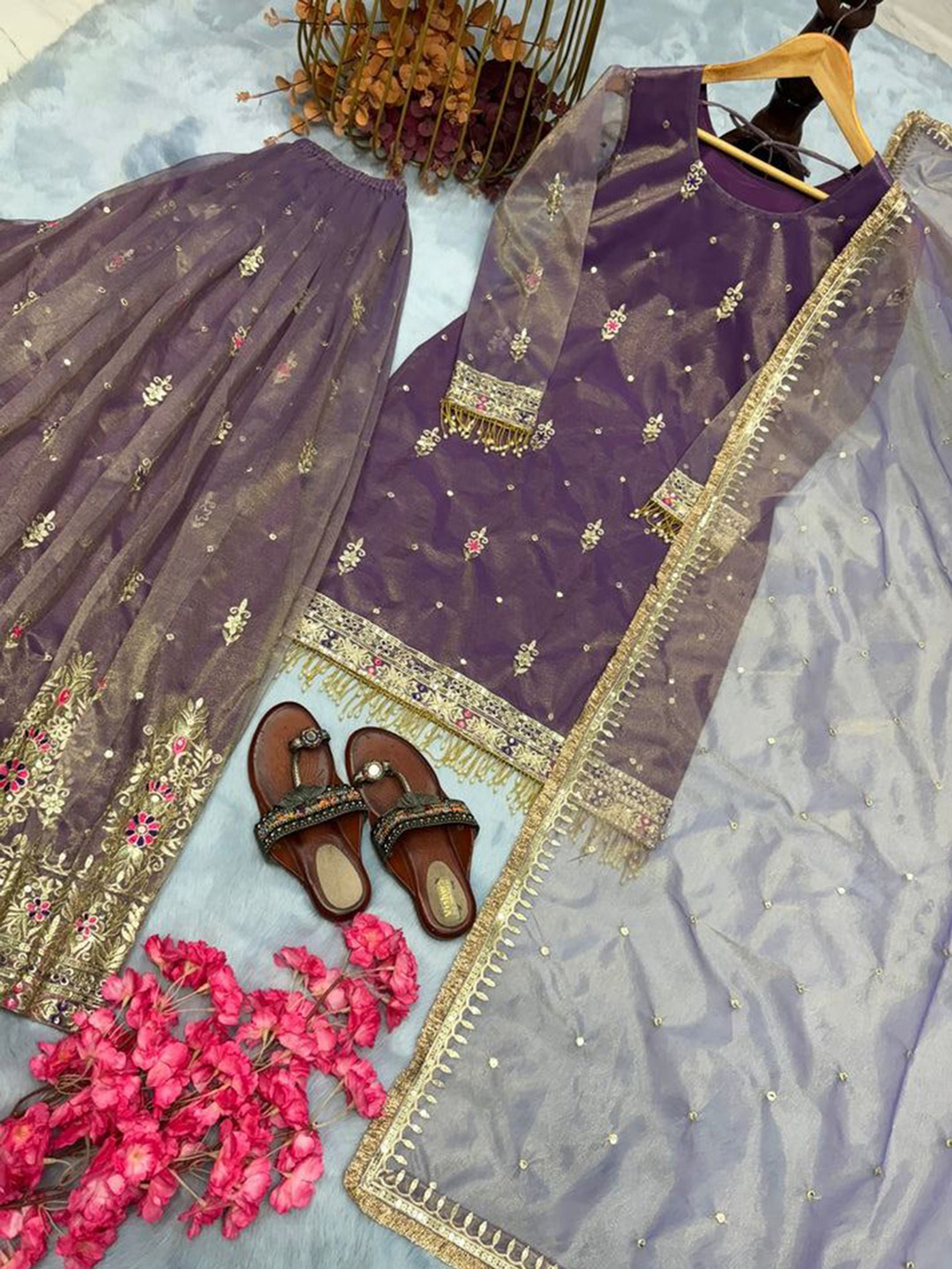 Women Embroidered Thread Work Pure Silk Kurti with Palazzos & Dupatta