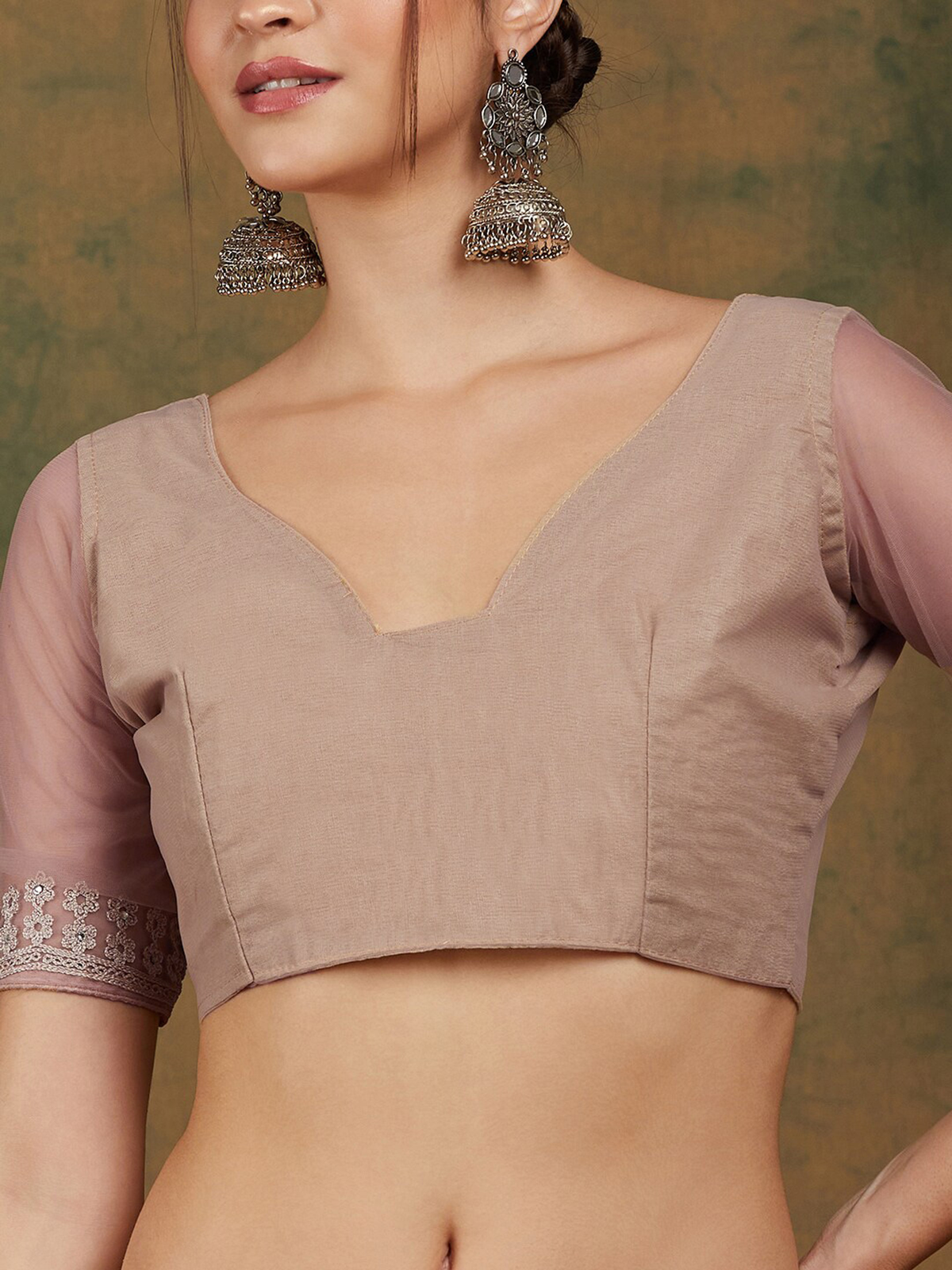 Beige Floral Embroidered Net Saree with Lace Border & Blouse Piece