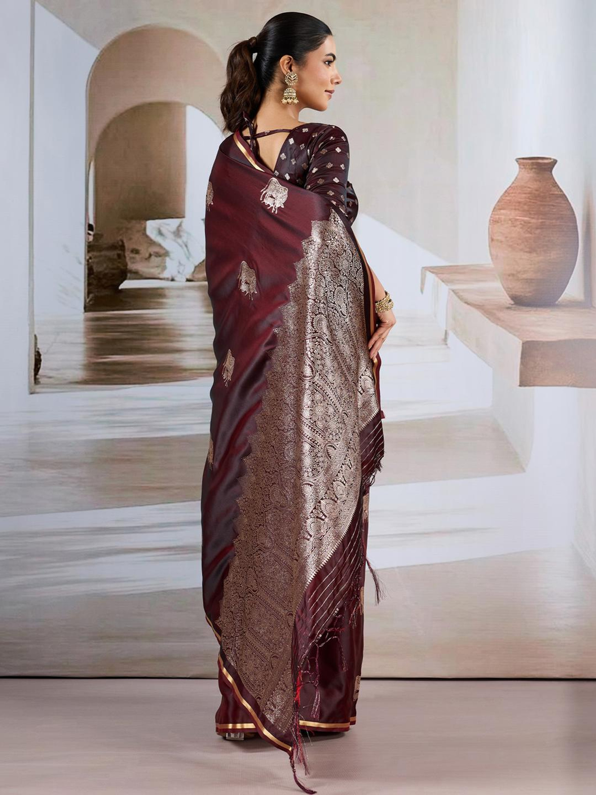 Maroon Banarasi Satin Saree with Ethnic Motif Weave & Zari Border