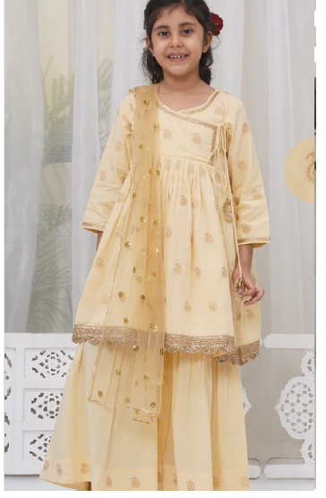 Little Bansi Girls Cotton Three Fourth Sleeves Angrakha Kurta with Sharara and Net Dupatta with Paisley Design Zari Work- Dutch Cream