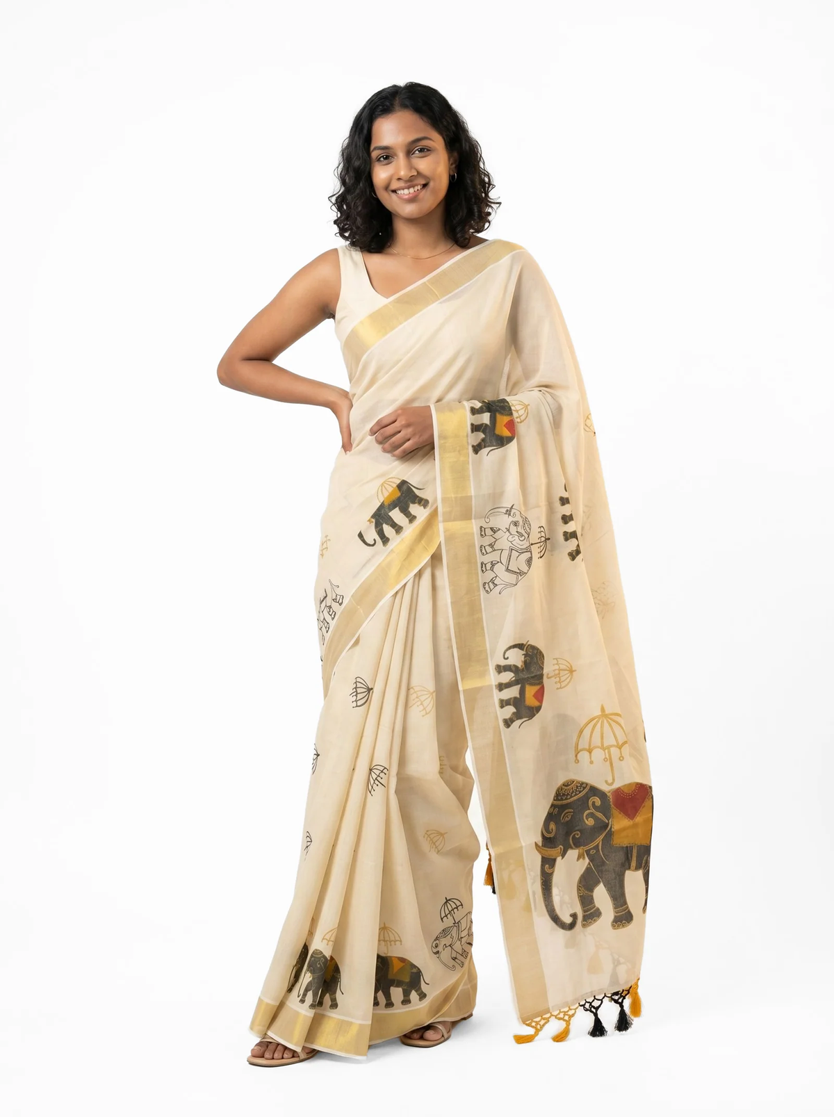 Caparisoned Elephant & Ceremonial Umbrella Digital Print, Gold Zari Border & Tassel Pallu