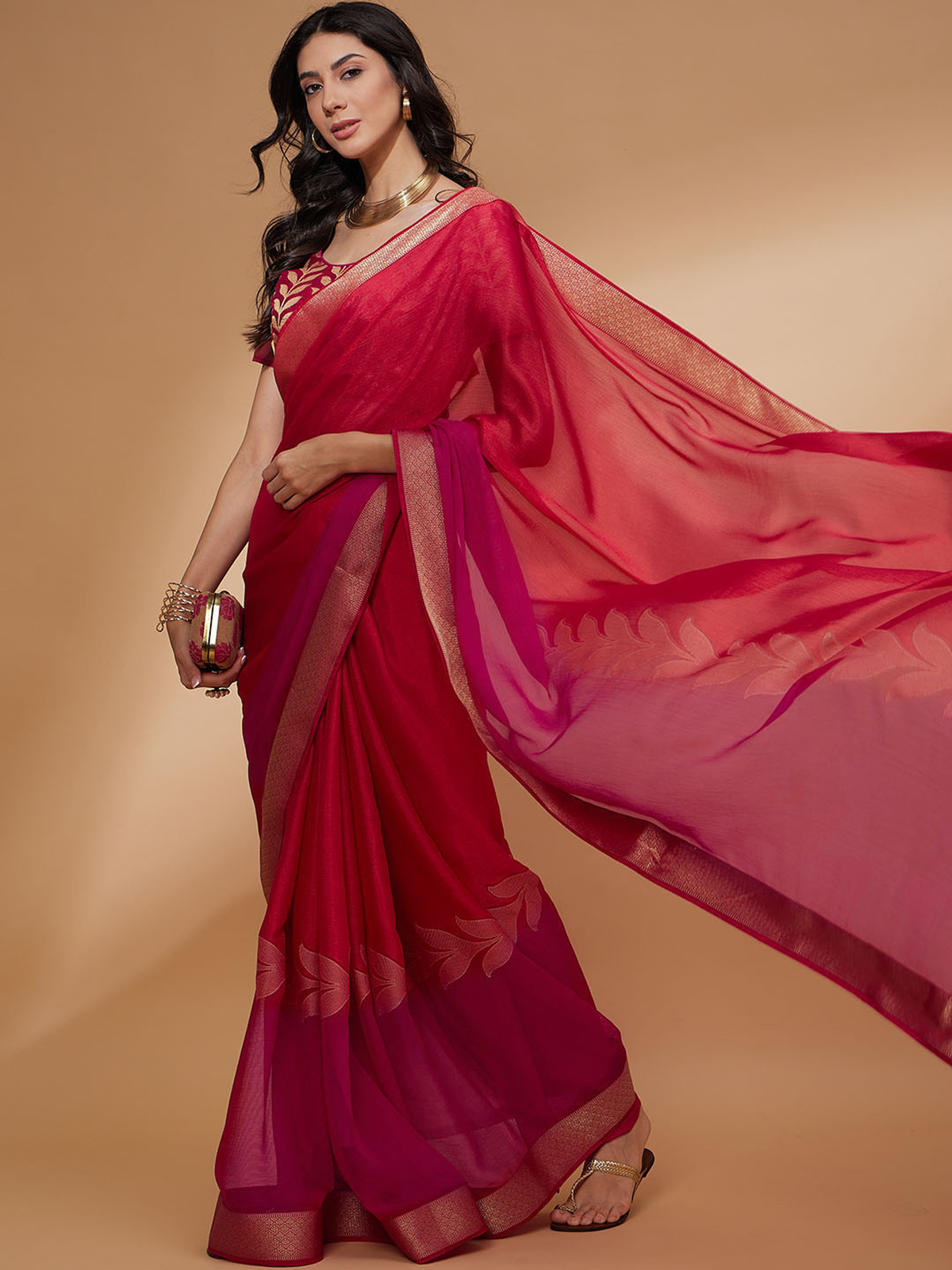 Pink Floral Woven Design Zari Detailed Pure Chiffon Saree aromie
