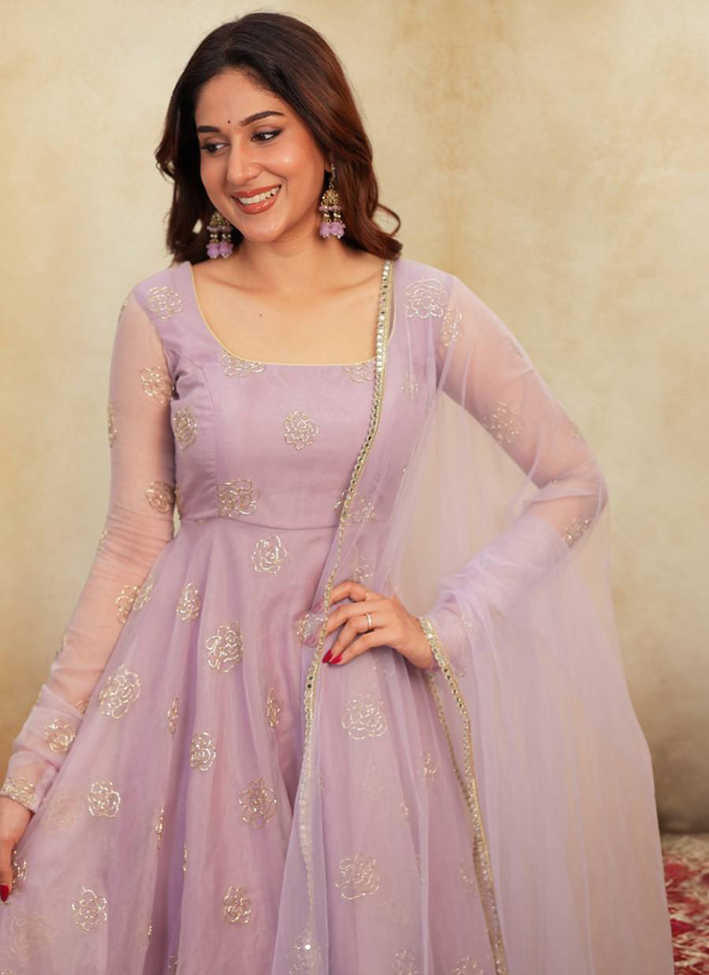 Lavender Viscose Zari Work Anarkali Suit