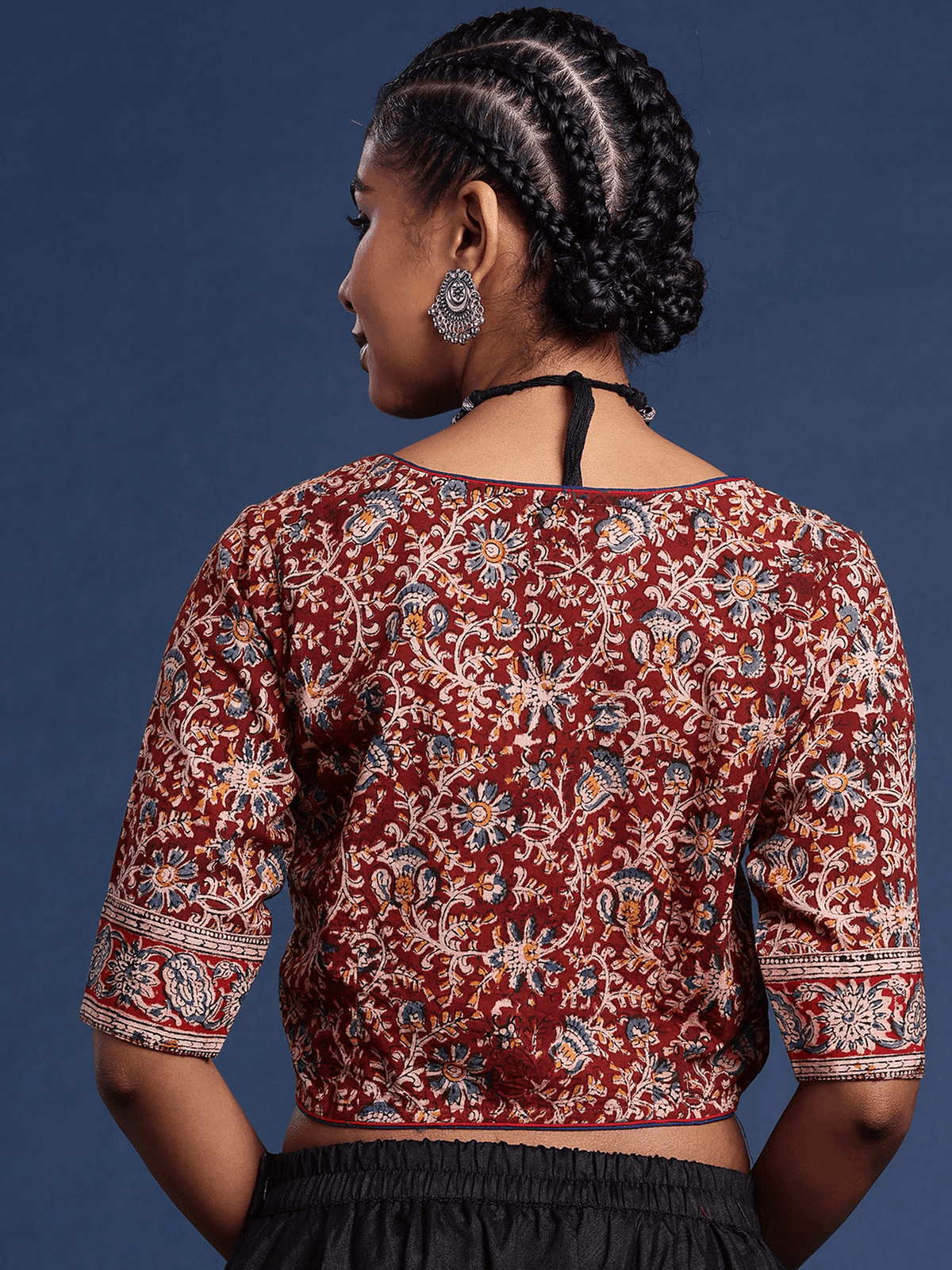Kalamkari Hand Block Printed Sweetheart Neck Cotton Non Padded Saree Blouse
