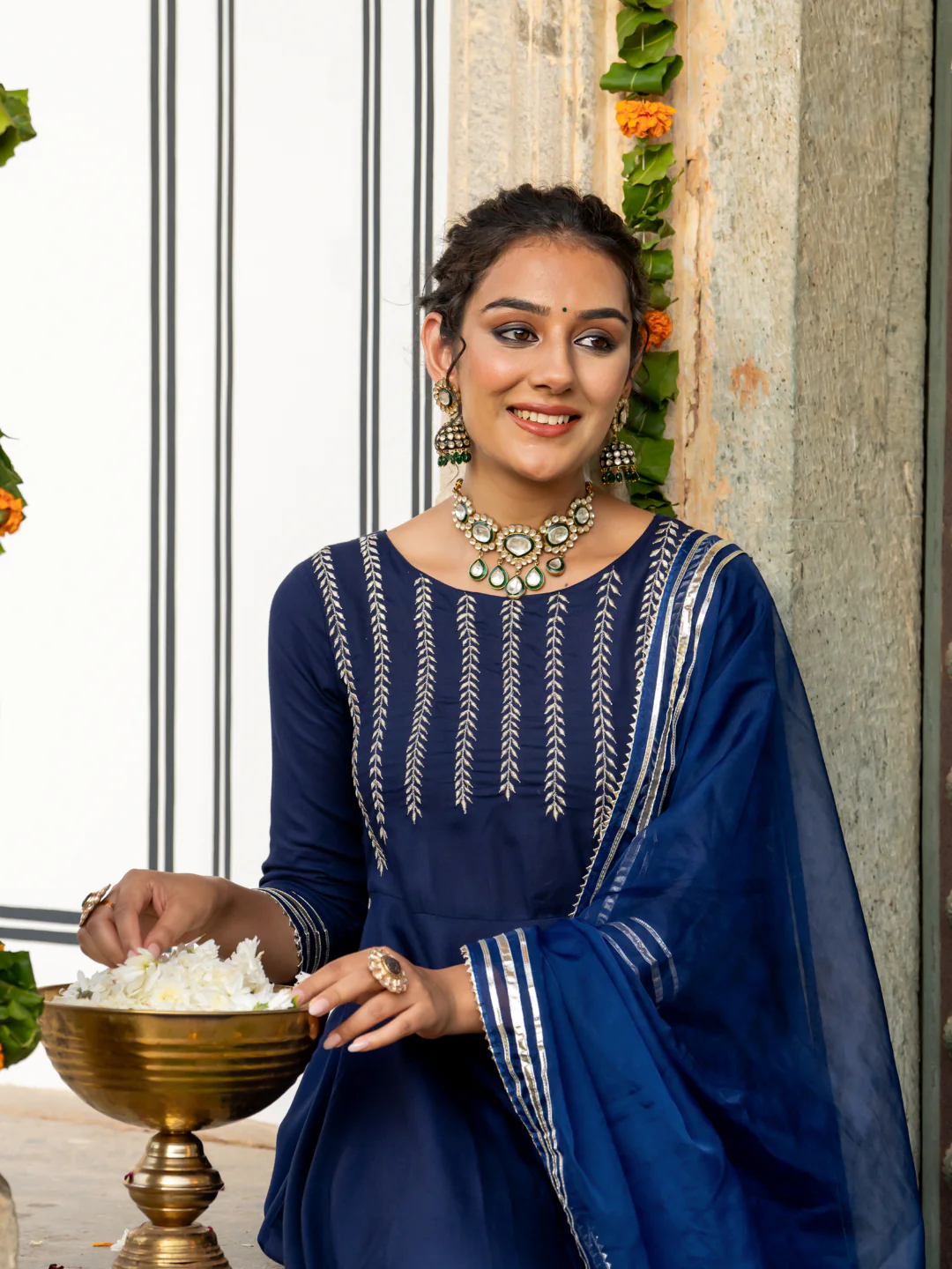 Navy Blue Rayon Festive Suit Set with Dupatta